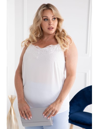 Elegant Plus Size Underjacket Top with Lace on the Neckline - ELMA White