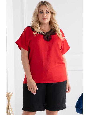 Plus size blouse with short sleeve lace