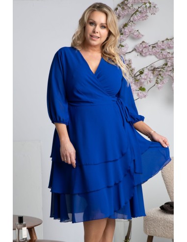 Flared dress comfortable sizes with three-quarter sleeves and V-neck