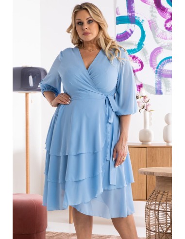 Flared dress comfortable sizes with three-quarter sleeves and V-neck