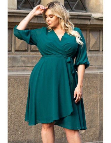 Asymmetrical flared plus size dress with three-quarter sleeves and V-neck