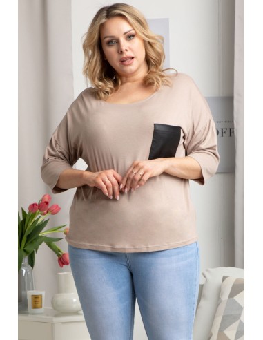 Plus size blouse with faux leather pocket