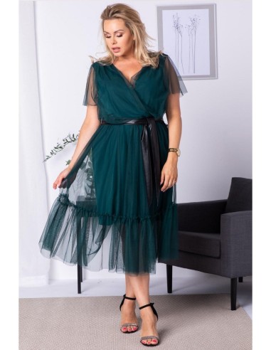 Plus Size Tulle Dress with Waist Belt - ASIA - Green
