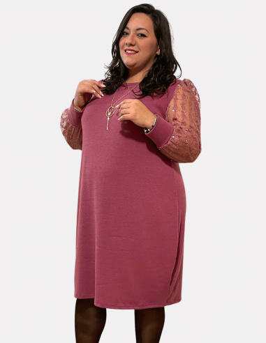 Plus Size Wool Dress with Lace and Sequin Sleeves