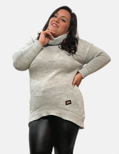 Plus Size Sweater with High Collar and Asymmetrical Hem