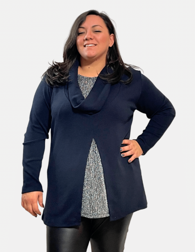 Plus Size Sweater with Ring Collar and Laminated Inserts - Navy Blue