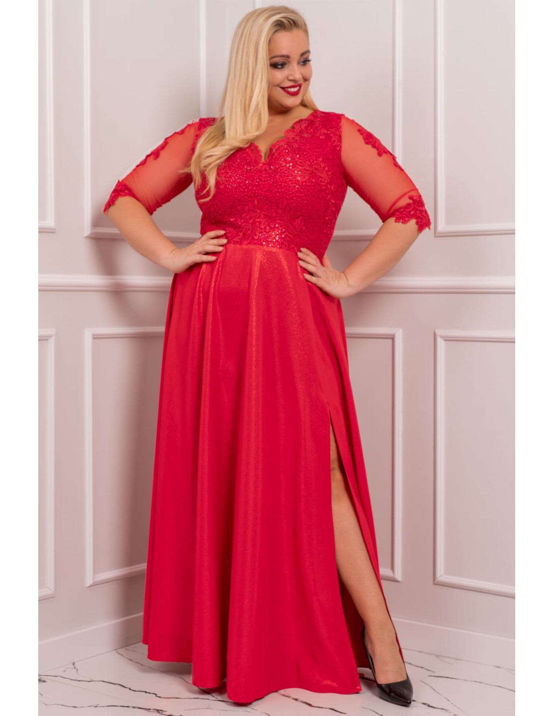 Curvy Formal Dress with 3/4 Sleeves with Elegant Lace and Slit - Coral