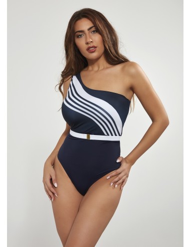Plus Size One-Shoulder Swimsuit with Fake Waist Strap - Krisline Blue Mare