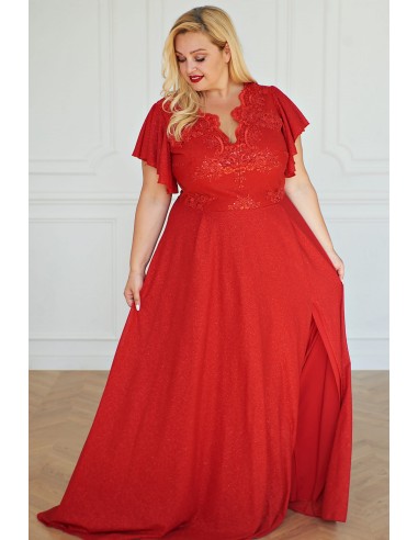 Elegant Women's Plus Size Formal Dress in Glitter Laminate Fabric and  Voulant Sleeves - Charlotte B. Red