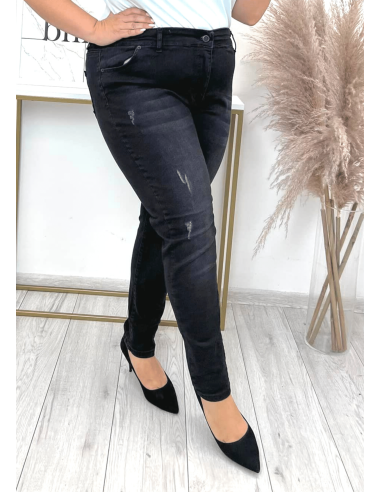 Curvy Plus Size High Waist Jeans with Narrow Straight Leg Swapped with Elastic Tears - Black Denim