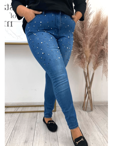 Jeans Curvy Taglie Forti Vita Alta Con Applicazioni Perle Scambiato Skinny Con Tessuto Elastico - Denim Blu