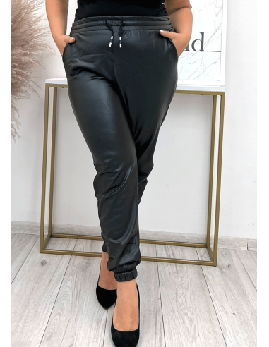 Plus Size Curvy Straight Pants In Elastic Faux Leather at the Waist and Ankle with Lanyard - Black