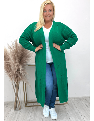 Maxi Cardigan Plus Size Curvy with Long Parade Effect Open Knitted Without Buttons - Green