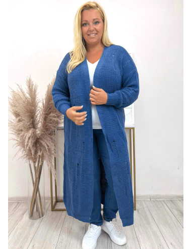 Maxi Plus Size Curvy Cardigan With Long Pull Effect In Open Knitted Without Buttons - Blue