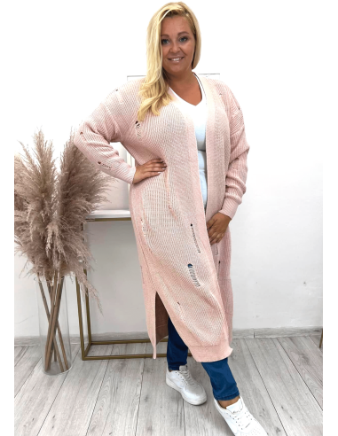 Maxi Cardigan plus size curvy with long parade effect In open knit without buttons - Powder