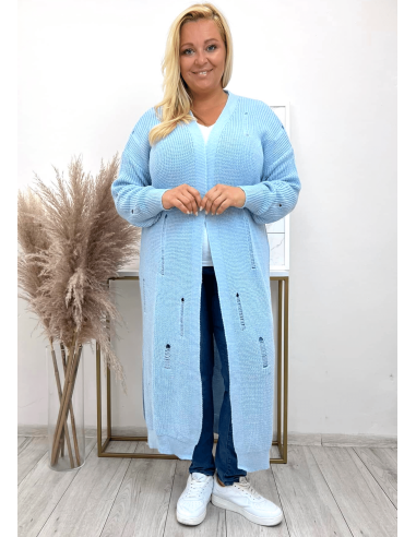 Maxi Cardigan Plus Size Curvy with Long Parade Effect Open Mesh Without Buttons - Light Blue