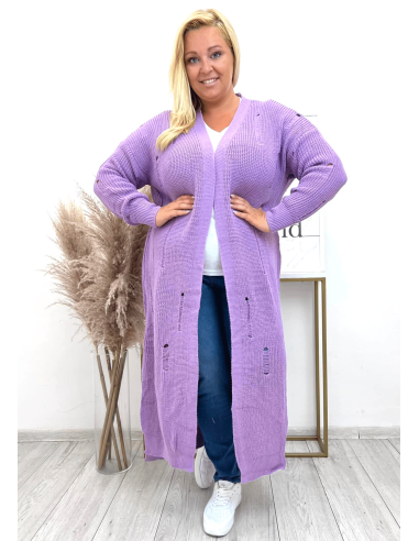 Maxi Cardigan Plus Size Curvy with Long Parade Effect In Open Knitted Without Buttons - Lilac