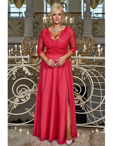 Curvy Formal Dress with 3/4 Sleeves with Elegant Lace and Slit - Fuchsia