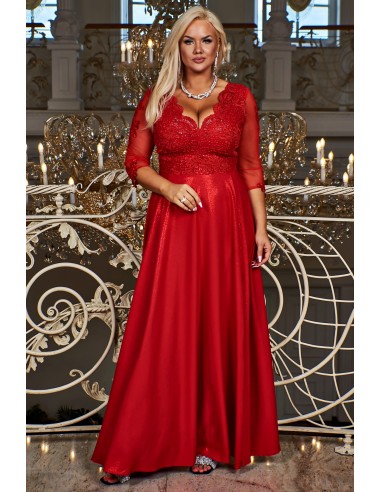 Curvy Formal Dress With Veiled Sleeves and Embroidered Appliqués and Sequins