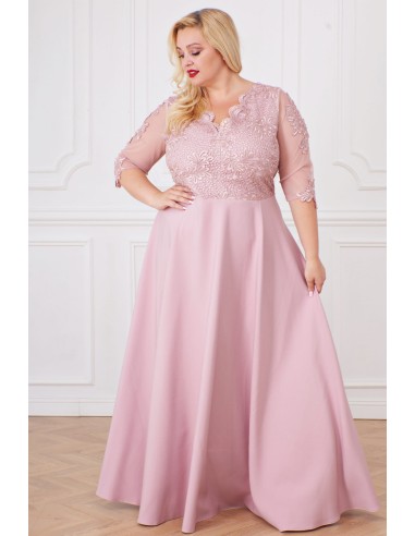 Curvy Curvy Formal Dress with 3/4 Sleeves with Lace and Elegant Slit - Pastel Pink