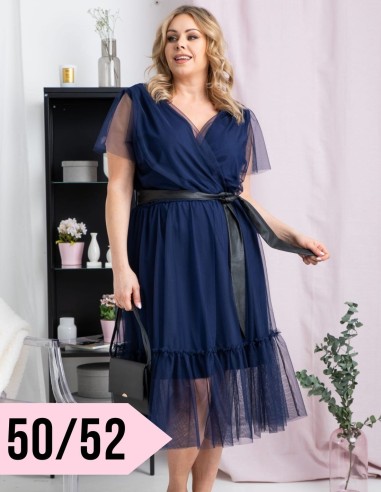 Plus Size Tulle Dress with Waist Belt - ASIA - Blue