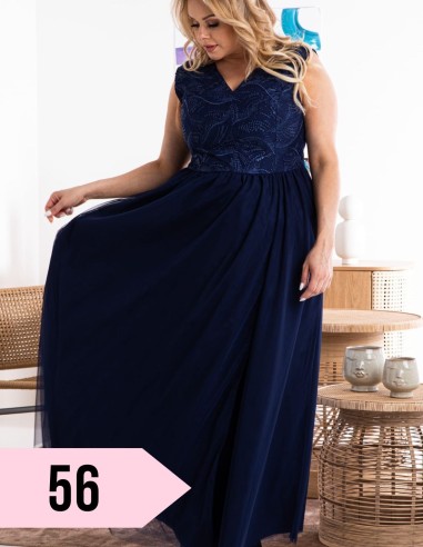 Plus Size Elegant Chiffon Long Dress with Lace Bodice - ATLANTA - Blue
