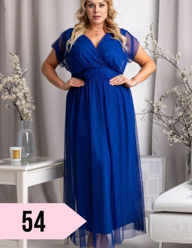 Plus Size Maxi Dress Elegant Plissettato with V-neck - MANUELA - Royal Blue