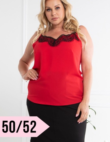 Elegant Plus Size Underjacket Top with Lace on the Neckline - ELMA Red