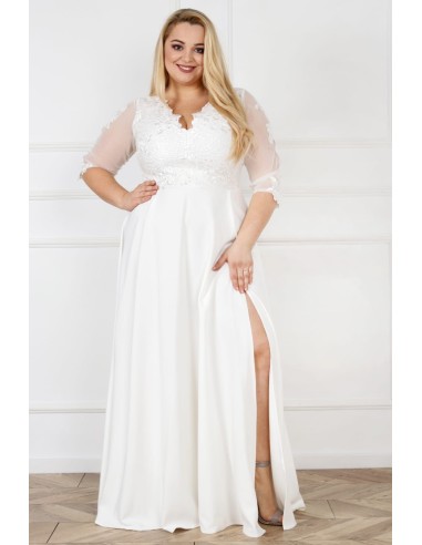 Long Curvy Formal Dress with 3/4 Sleeves with Lace and Elegant Slit - Crema