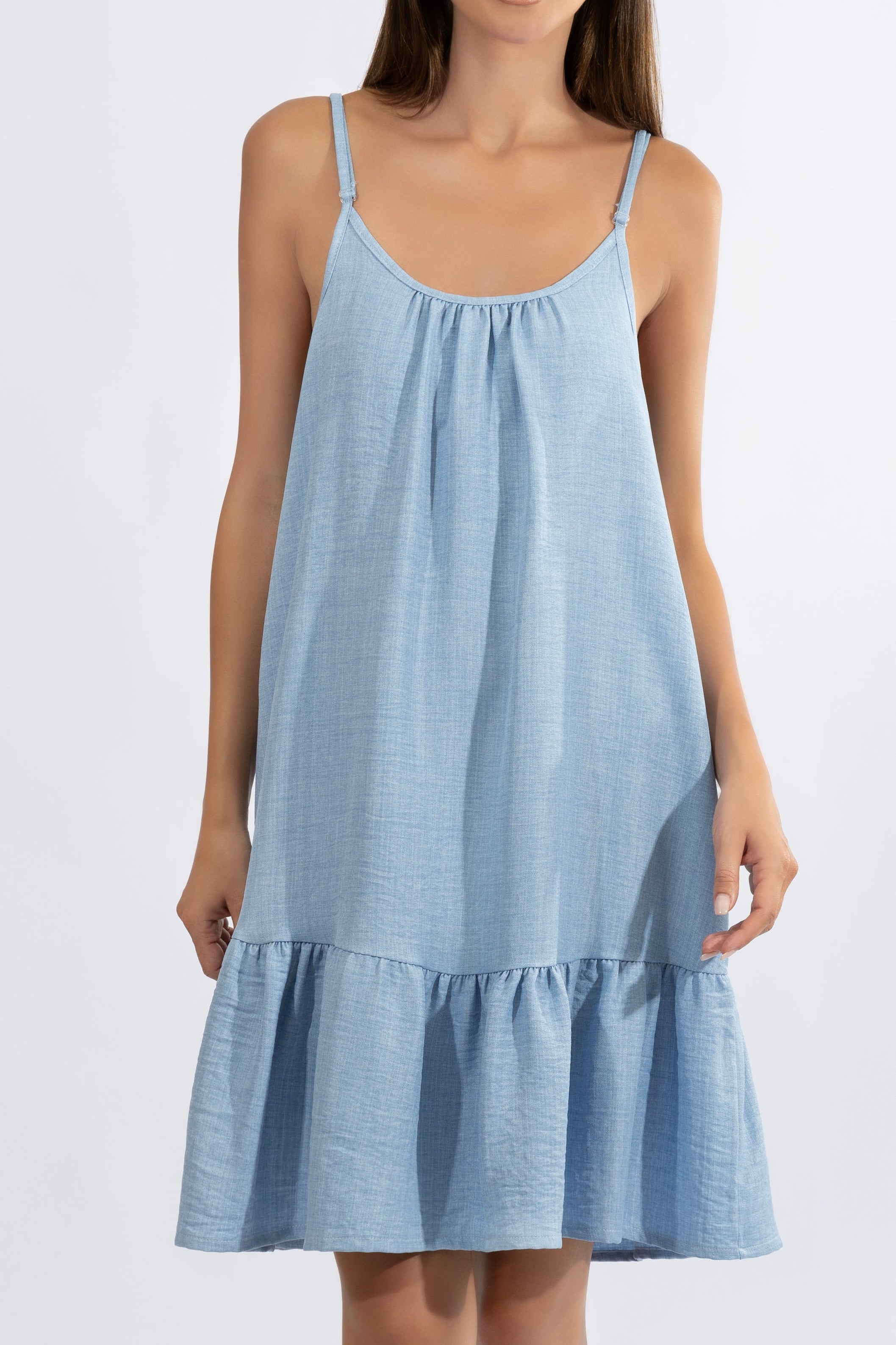 Abito corto donna azzurro con spalline sottili e balza - HARMONY 510657